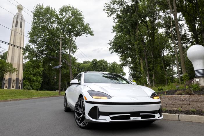 Electric innovations past and present: The Hyundai Ioniq 6 that NPR took on a road trip stopped at the Thomas Edison Center at Menlo Park in Edison, N.J., on June 11. It’s the site of the world’s second-largest light bulb (that would be the one on top of the tower, at left) in honor of Thomas Edison.
