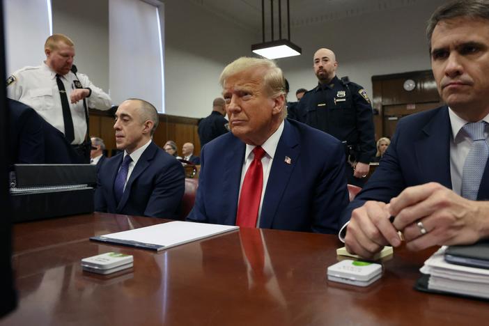 An appeals court denied a request from former President Donald Trump, seen here in court in April, to lift the gag order limiting his ability to speak about prosecutors in his New York hush money case.