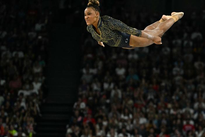 Brazil's Rebeca Andrade competes in the floor exercise event of the artistic gymnastics women's team final during the Paris 2024 Olympic Games at the Bercy Arena in Paris, on July 30.