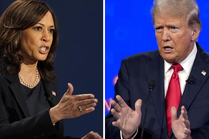 Then-Democratic vice presidential candidate Kamala Harris (left) speaks during a debate Oct. 7, 2020, in Salt Lake City, and former President Donald Trump speaks during a debate June 27 in Atlanta. Trump said Friday that he's pulling out of a scheduled debate with his likely Democratic opponent, Vice President Harris, and instead has agreed to a date earlier in September on Fox News Channel.