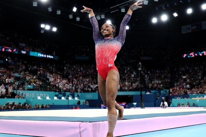 American Simone Biles celebrates at the end of her floor exercise individual event final on Monday at the Paris Olympics. Biles finished in second to win a silver medal and her fourth overall medal of the Games. Her teammate, Jordan Chiles, took the bronze.