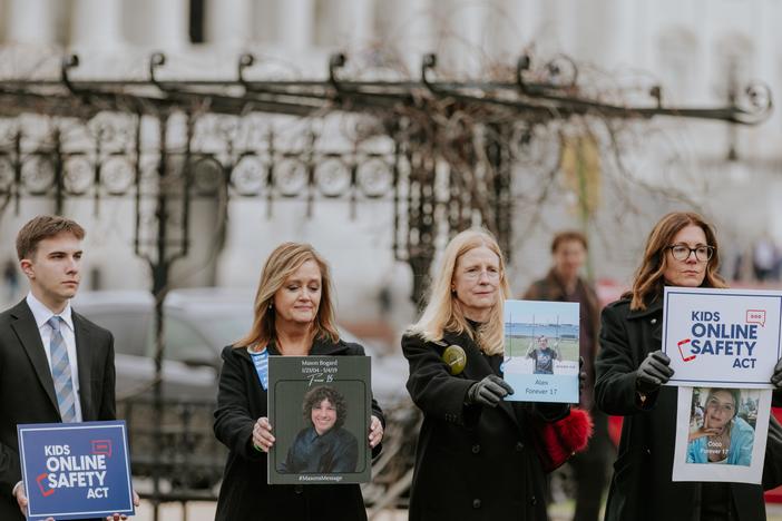 Members of advocacy group Parents for Safe Online Space rally after a hearing on Capitol Hill in January. The group supports proposed legislation that will hold tech companies accountable for limiting children's exposure to harmful online content.