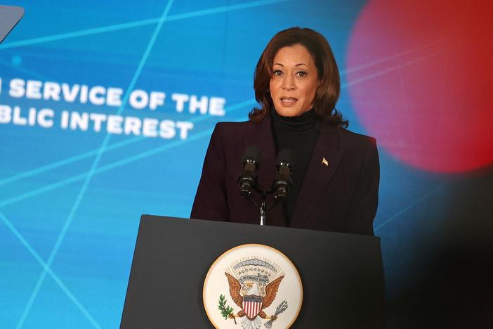 Vice President Harris delivers a speech on artificial intelligence in London on Nov. 1, 2023.