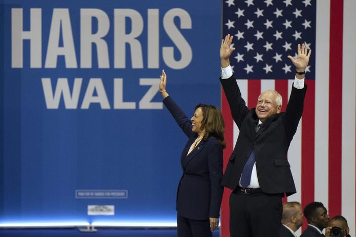 Democratic presidential nominee Vice President Kamala Harris and her running mate Minnesota Gov. Tim Walz arrive for a campaign rally in Philadelphia, Tuesday, Aug. 6, 2024.