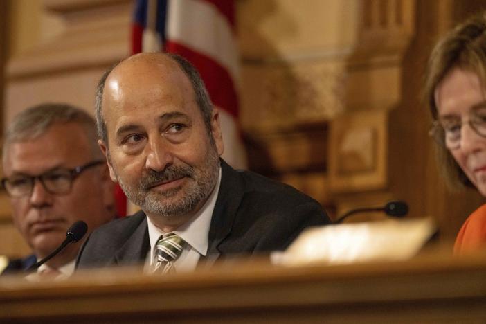 John Fervier, chairman of the Georgia State Election Board, listens during a meeting at the Capitol in Atlanta, Tuesday, Aug. 6, 2024. 