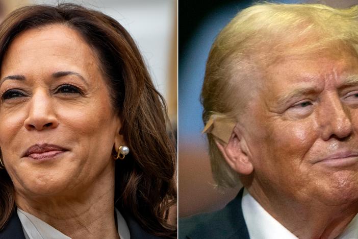 Left: U.S. Vice President Harris arrives for an NCAA championship teams celebration on the South Lawn of the White House on July 22 in Washington, D.C. Right: Republican presidential nominee and former President Donald Trump holds a rally at the Van Andel Arena on July 20 in Grand Rapids, Mich.