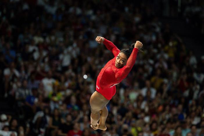 Simone Biles of Team USA competes during the Artistic Gymnastics Women's Vault Final on day eight of the Olympic Games Paris 2024. <br>