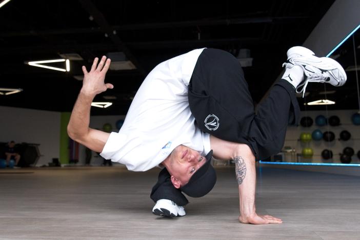 Oleh Kuznetsov, who goes by B-boy Kuzya, performs the freeze element, freezing for a few seconds in unusual and extremely difficult positions.