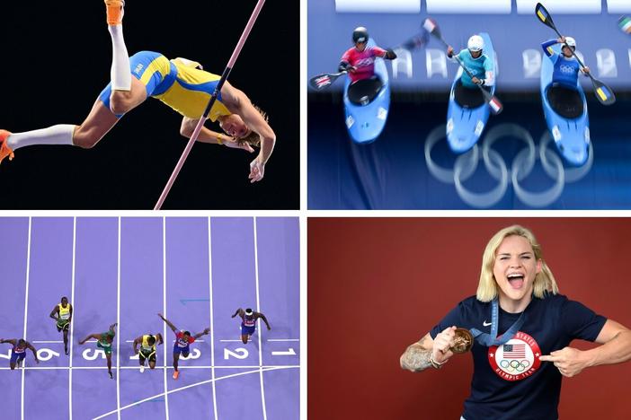  Clockwise from left, pole vaulter Armand Duplantis, the Canoe Slalom Women's Kayak Cross, women's rugby player Sammy Sullivan, and the Men's 100m Final.