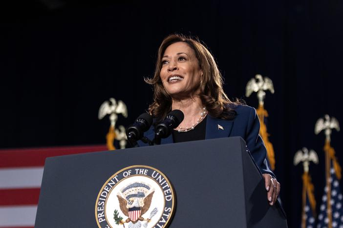 Vice President Harris speaks to supporters during a campaign rally at West Allis Central High School on July 23 in West Allis, Wis.