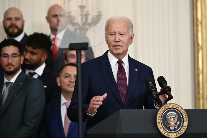 President Joe Biden speaks as he welcomes the Texas Rangers to celebrate their 2023 World Series championship at the White House on Aug. 8.