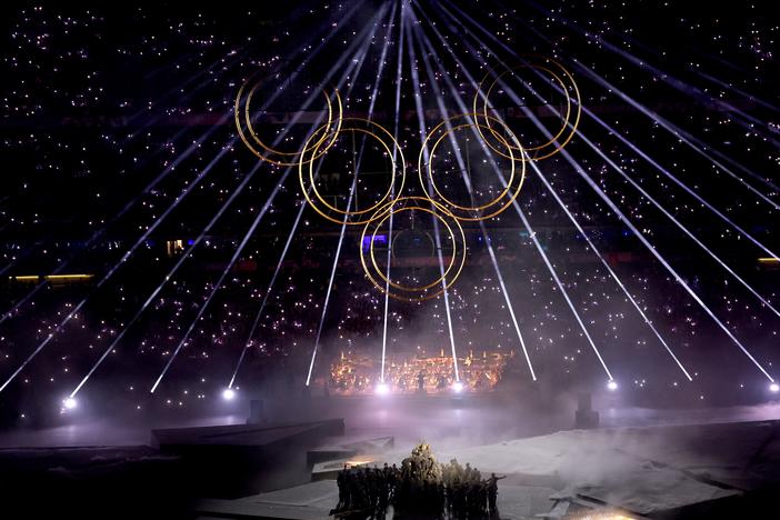 A general view as the final Olympic Ring is lifted into place to assemble the Olympic Rings during the Closing Ceremony on Sunday.