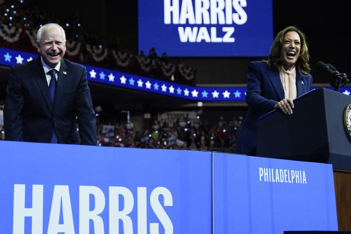 Democratic presidential nominee Vice President Kamala Harris and her running mate Minnesota Gov. Tim Walz speak at a campaign rally in Philadelphia, Tuesday, Aug. 6.