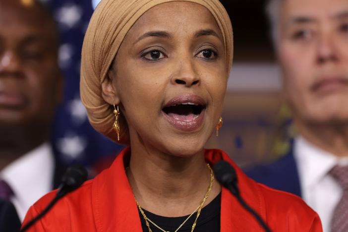 In this file photo, Rep. Ilhan Omar, D-Minn., speaks during a news conference at the U.S. Capitol on September 20, 2023 in Washington, DC. 