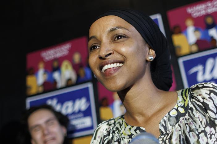 Rep. Ilhan Omar speaks after winning the primary at Nighthawks in Minneapolis, Minnesota, on Tuesday, Aug. 13, 2024.