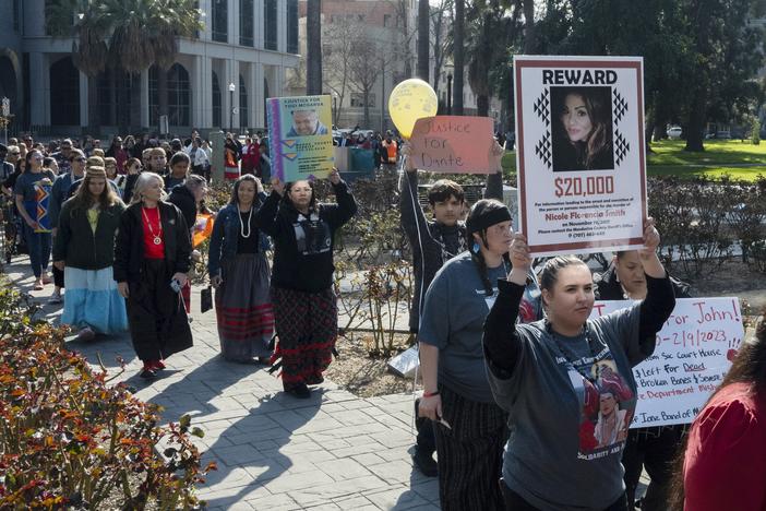 The Federal Communications Commission announced its plans to launch a new nationwide alert code for missing and endangered Indigenous people who do not fit the criteria for an Amber Alert or Silver Alert. Here, family and friends of the missing and murdered march around the California State Capitol at the second annual Missing and Murdered Indigenous People Summit and Day of Action in Sacramento, Calif., on Feb. 13.