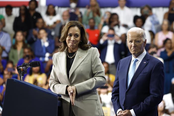 Vice President Harris speaks about prescription drug prices with President Biden on Aug. 15, 2024 in Largo, Md. 