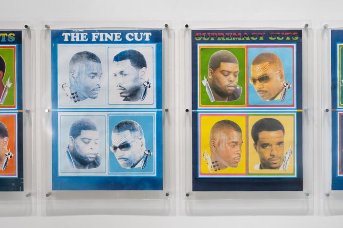 "The Fine Cut" is a re-created barbershop poster that depicts two kinds of cuts — hairstyles of African-American men and ritual scarification of African faces.