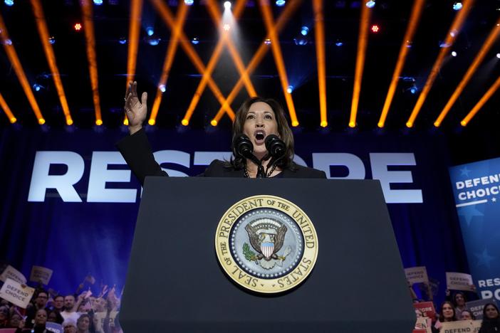 In this file photo, Vice President Harris speaks at an event in Manassas, Va., on Jan. 23, 2024, to campaign for abortion rights. Harris will commemorate her historic nomination in Chicago this week as Democrats hold their convention against the backdrop of a state that has become a hub for abortion access.