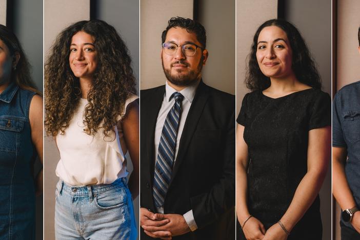 Left to right: Lucero Lopez, Jasmine Perez Moreno, Josue Rodriguez, Raneem Le Roux, and Jossue Ureno pose for a portrait at The Leroy and Lucile Melcher Center for Public Broadcasting on Thursday, Aug. 1, 2024, in Houston. 