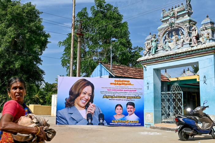 A poster shows U.S. Vice President Kamala Harris in her ancestral village of Thulasendrapuram in the Indian state of Tamil Nadu on July 23, after President Biden stepped down as the Democratic Party nominee for president and endorsed Harris.