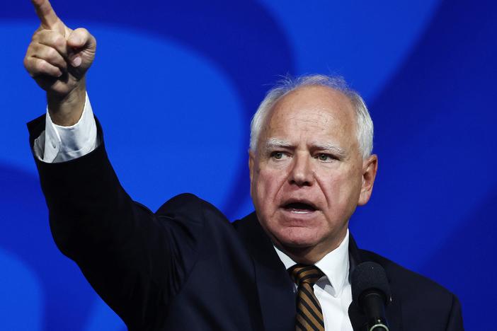 Democratic vice presidential candidate and Minnesota Gov. Tim Walz speaks at the 46th International Convention of the American Federation of State, County and Municipal Employees on Aug. 13 in Los Angeles.