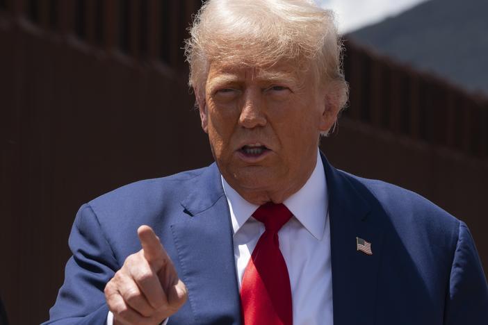 Former President Donald Trump speaks at the U.S.-Mexico border on Aug. 22 south of Sierra Vista, Ariz. 