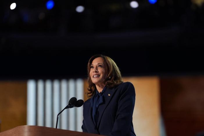 Democratic presidential candidate, U.S. Vice President Kamala Harris speaks on stage during the final day of the Democratic National Convention.