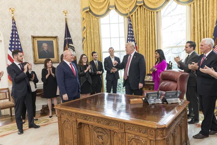 Former National Security Adviser H.R. McMaster receives a send-off from the White House staff on his last day in the Trump administration on April 6, 2018.