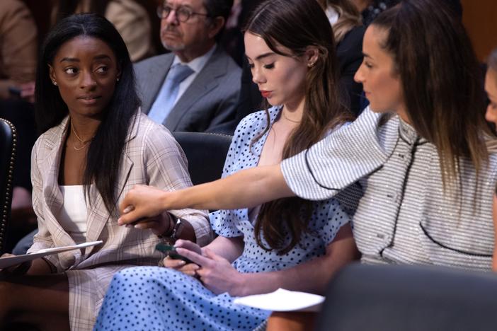 US gymnasts including Simone Biles, left, arrive to testify during a Senate Judiciary hearing about a prior Inspector General report on the FBI handling of the Larry Nassar investigation of sexual abuse of Olympic gymnasts in 2021 in Washington, D.C.