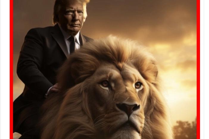 An AI-generated depiction of Donald Trump riding a lion. The image was first posted by a Trump supporter on X before Trump reposted the depiction on his Truth Social account. Trump has embracing reposting AI-generated images created by his supporters. NPR added the borders to the image to make clear the image was AI-generated.