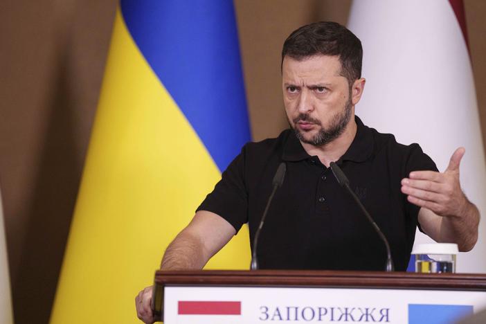 Ukrainian President Volodymyr Zelenskyy speaks during a joint press conference with Netherlands' Prime Minister Dick Schoof in Zaporizhzhia, Ukraine, Monday.