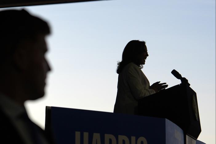 Vice President Harris speaks at a campaign rally on Aug. 7, 2024, in Romulus, Mich.