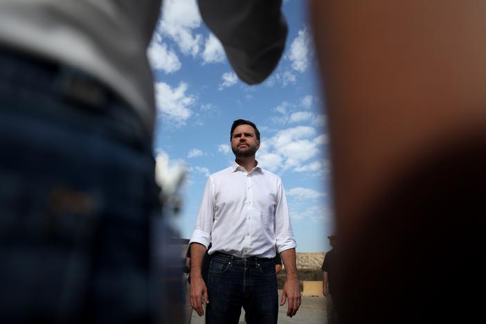 Sen. JD Vance of Ohio, the Republican vice presidential nominee, speaks to reporters in front of the border wall with Mexico on Sept. 6 in San Diego.