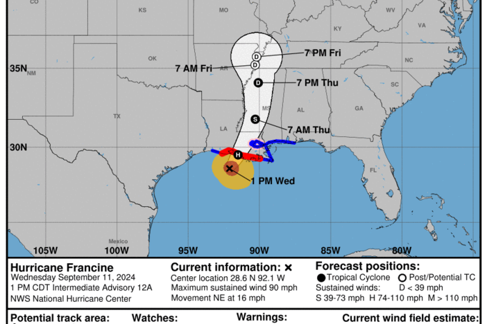 A cone on a map of the Gulf of Mexico shows the expected path of Hurricane Francine as it makes its way toward the Louisiana coast. The storm is forecast to make landfall on Wednesday afternoon or evening, and weaken as it moves toward Mississippi. 