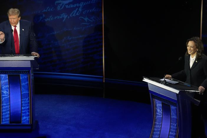 Former President Donald Trump, the Republican presidential nominee, and Vice President Kamala Harris, the Democratic nominee, participate during ABC News' presidential debate Tuesday at the National Constitution Center in Philadelphia.