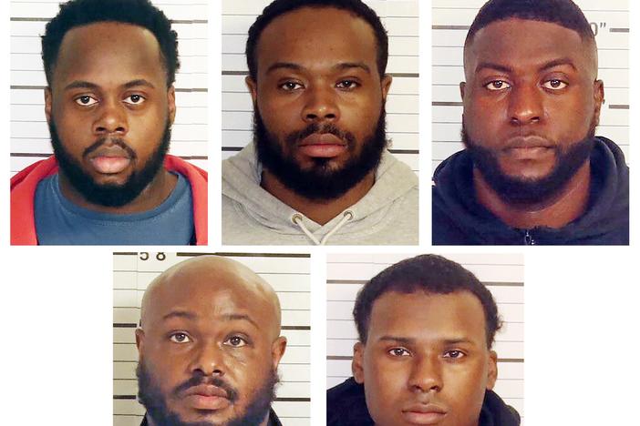 This combo of booking images shows, from top row from left, Tadarrius Bean, Demetrius Haley, Emmitt Martin III, bottom row from left, Desmond Mills, Jr. and Justin Smith. Smith, Bean and Haley go on trial Monday in the death of Tyre Nichols, a Black motorist who died three days after a confrontation with the officers during a 2023 traffic stop in Memphis.