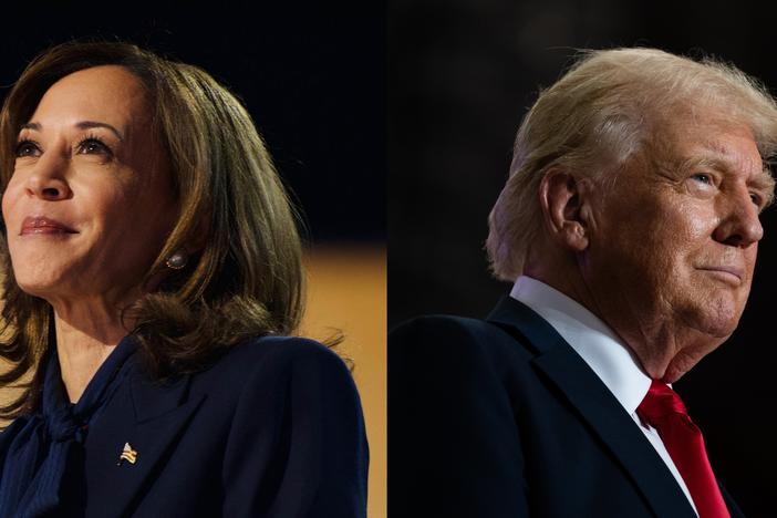  Left: Vice President Kamala Harris delivers a speech as she accepts the party's nomination to be its presidential candidate at the Democratic National Convention at the United Center on Aug. 22, 2024. Right: U.S. Republican Presidential nominee former President Donald Trump arrives to speak during a rally at Herb Brooks National Hockey Center on July 27, 2024 in St Cloud, Minnesota.