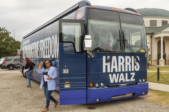 Georgia US House Representative Nikema Williams leaves the bus carrying her and other Harris surrogates on a reproductive rights tour of Georgia, at a stop in Macon. 