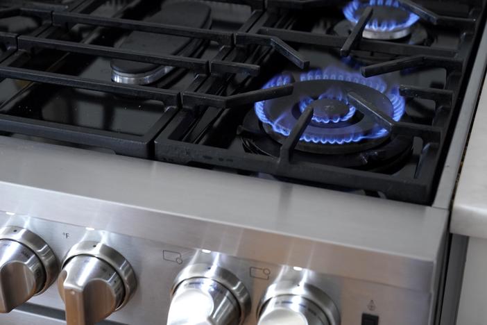 The blue flames of a natural gas stove emit harmful pollutants, such as nitrogen dioxide. Consumer and environmental watchdog groups want health warning labels on new gas stoves to let buyers know of the risks.