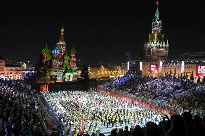 Military musicians perform in Moscow's Red Square on Sept. 1, 2024. Researchers at Microsoft say Russia is pivoting its online influence operations to focus on Vice President Kamala Harris and her running mate, Gov. Tim Walz of Minnesota, in the final stretch of the election.