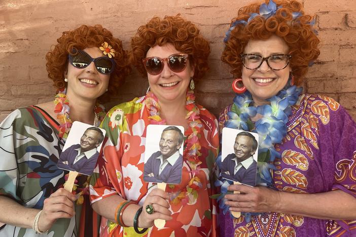 Hundreds of costumed "Helens" are cheerfully invading bars across the country this month in honor of Helen Roper, the character from the 1970s sitcom <em>Three's Company.  </em>Above, three "founding Helens": Jen Lewis, left, Kerri Pepperman and Erin Morrison, at the Mrs. Roper Romp in Ypsilanti, Mich.