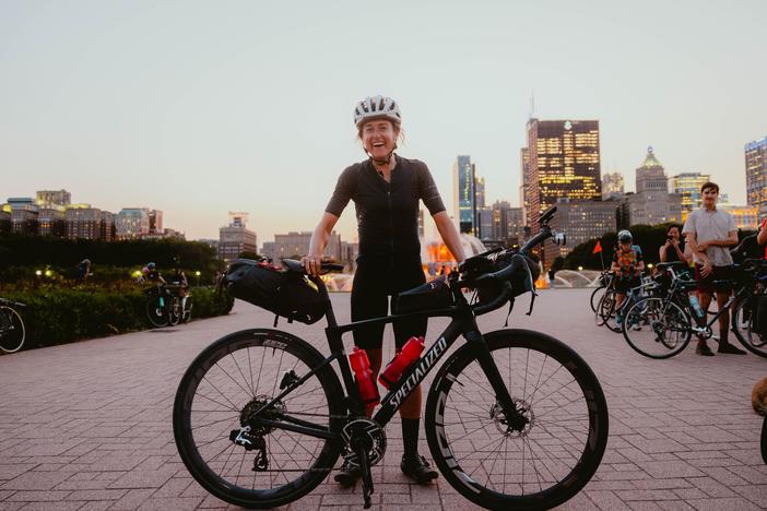 Lael Wilcox arrived at the finish of her around-the-world bike ride in Chicago on Sept. 11. She rode more than 18,000 miles.