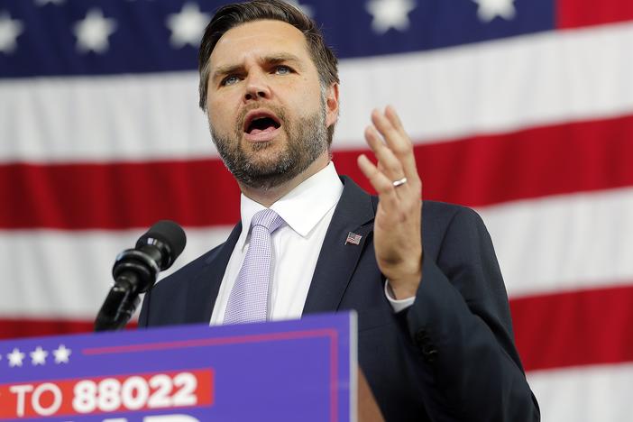 Republican vice presidential nominee Sen. JD Vance, R-Ohio, speaks at a campaign event in Raleigh, N.C., Wednesday. At the event, he continued to criticize migrants from Haiti, saying those with Temporary Protected Status (TPS) or other authorized immigration status are "illegal aliens" who should be deported. 