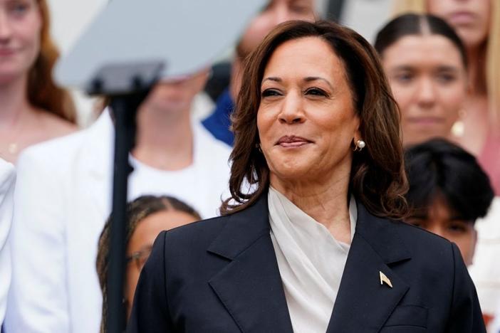 U.S. Vice President Kamala Harris, looks on during an event with the women and men's National Collegiate Athletic Association (NCAA) Champion teams in her first public appearance since President Joe Biden dropped out of the 2024 race, on the South Lawn of the White House, Washington, U.S., July 22, 2024. REUTERS/Nathan Howard