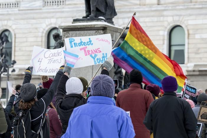 File photo from St. Paul where Minneasotans hold a rally at the capitol to support trans kids in their state, Texas, and around the country. Photo by Michael Siluk/ UCG/ Universal Images Group via Getty Images