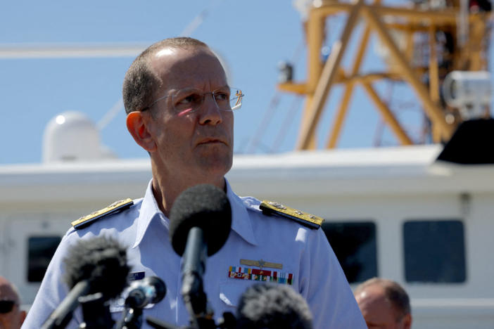 Rear Adm. John Mauger, the First Coast Guard District commander, speaks during a news conference about the discovery of the OceanGate Expeditions submersible on June 22, 2023. Photo by Brian Snyder/ Reuters