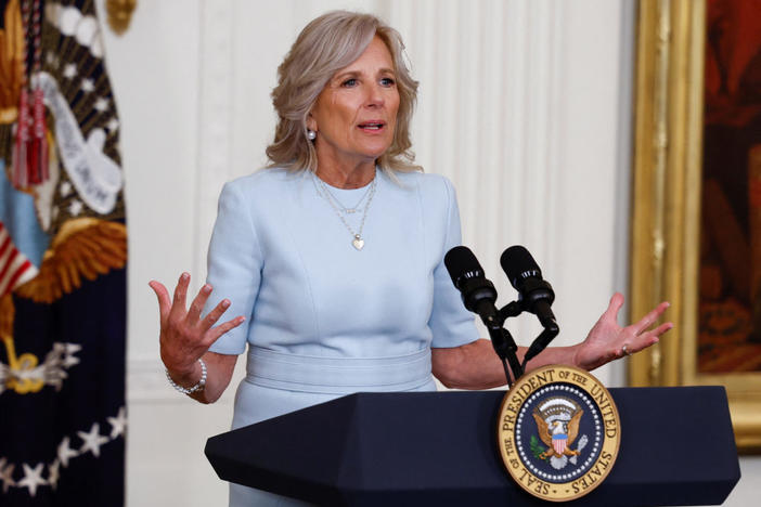 FILE PHOTO: U.S. first lady Jill Biden speaks during a Jewish American Heritage Month celebration at the White House in Washington, U.S., May 16, 2023. Photo by Evelyn Hockstein/REUTERS