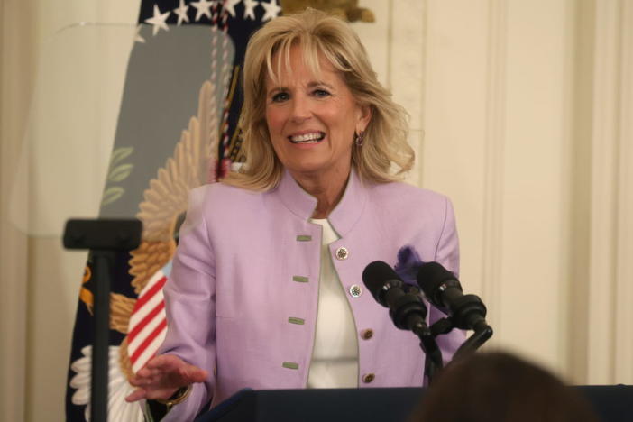 U.S. First lady Jill Biden speaks for an event on Equal Pay Day to celebrate Women's History Month hosted by her and U.S. President Joe Biden in a full East Room at the White House in Washington, U.S., March 15, 2022. Photo by Leah Millis/REUTERS