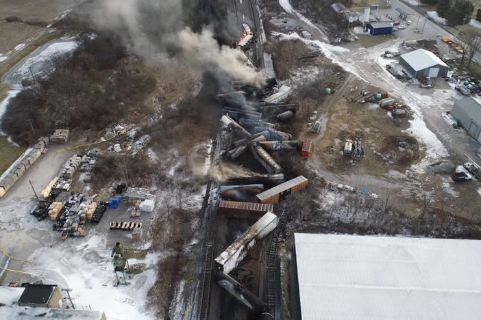 Drone footage shows the freight train derailment in East Palestine, Ohio, U.S., February 6, 2023 in this screengrab obtained from a handout video released by the NTSB. NTSBGov/Handout via REUTERS THIS IMAGE HAS BEEN SUPPLIED BY A THIRD PARTY.